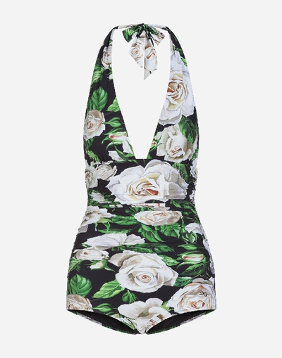 Shop Dolce & Gabbana White Rose Print One-piece Swimsuit With Plunging Neckline In Floral Print