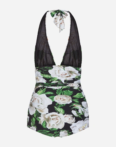 Shop Dolce & Gabbana White Rose Print One-piece Swimsuit With Plunging Neckline In Floral Print