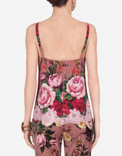 Shop Dolce & Gabbana Crepe De Chine Lingerie Top With Baroque Rose Print With Lace In Multi-colored