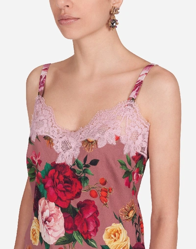 Shop Dolce & Gabbana Crepe De Chine Lingerie Top With Baroque Rose Print With Lace In Multi-colored