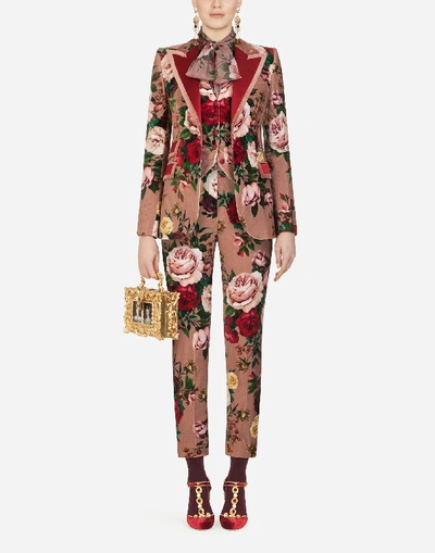 Shop Dolce & Gabbana High-waisted Velvet Pants With Baroque Rose Print In Multi-colored