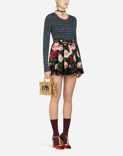 Shop Dolce & Gabbana High-waisted Velvet Shorts With Baroque Rose Print In Multi-colored