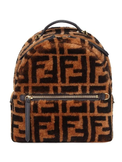 Shop Fendi Shearling Ff Mini Backpack In Brown