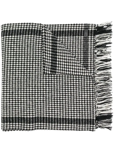 Shop Saint Laurent Fringed Hem Houndstooth Print Scarf Black & White