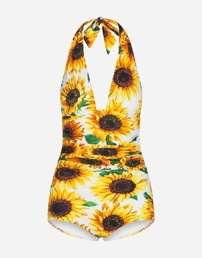 Shop Dolce & Gabbana One-piece Sunflower Print Swimsuit With Plunging Neckline In Floral Print