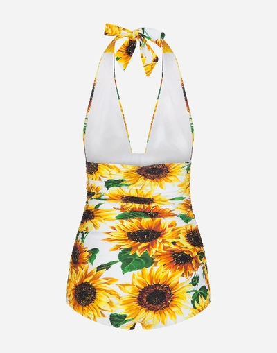 Shop Dolce & Gabbana One-piece Sunflower Print Swimsuit With Plunging Neckline In Floral Print