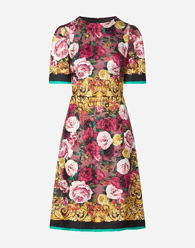 Shop Dolce & Gabbana Midi Dress In Baroque Rose-print Twill In Multi-colored
