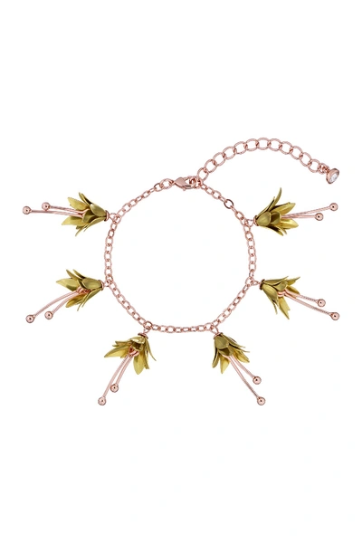 Shop Ted Baker Fortina Mini Brass Fuchsia Flower Charm Bracelet In Rose Gold/brass