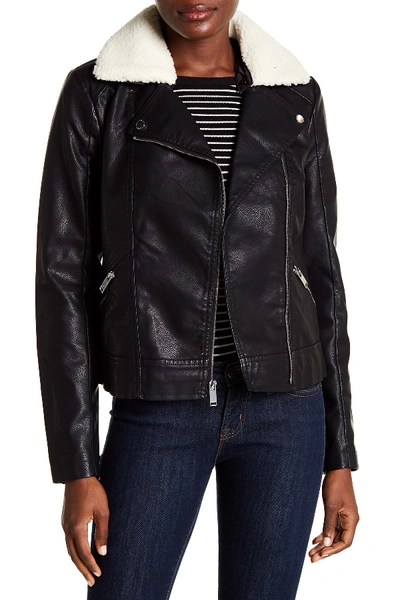 Shop French Connection Moto Faux Fur Collared Faux Leather Jacket In Black