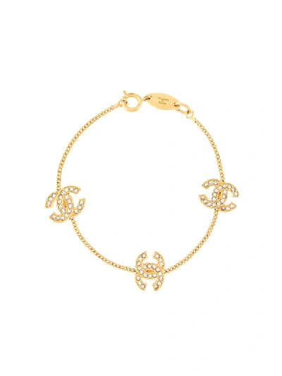 Chanel 1982 Rhinestone Cc Bracelet In Gold