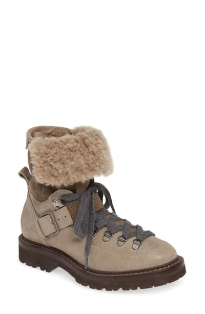 Shop Brunello Cucinelli Genuine Shearling Lined Hiking Boot In Elephant Beige