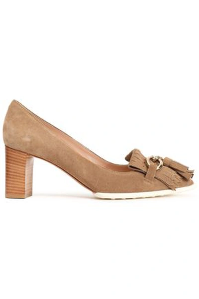 Shop Tod's Embellished Fringed Suede Pumps In Sand