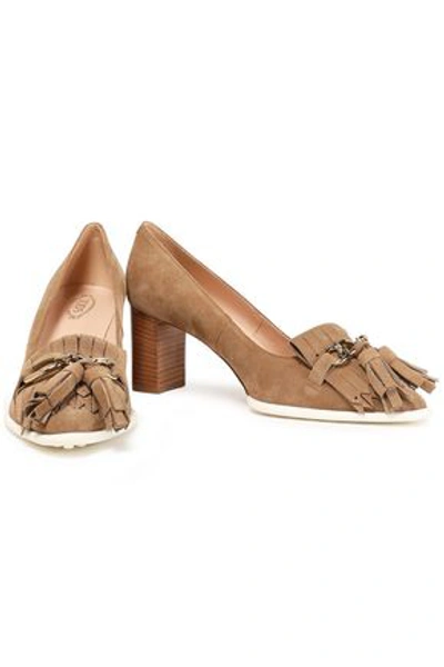 Shop Tod's Embellished Fringed Suede Pumps In Sand