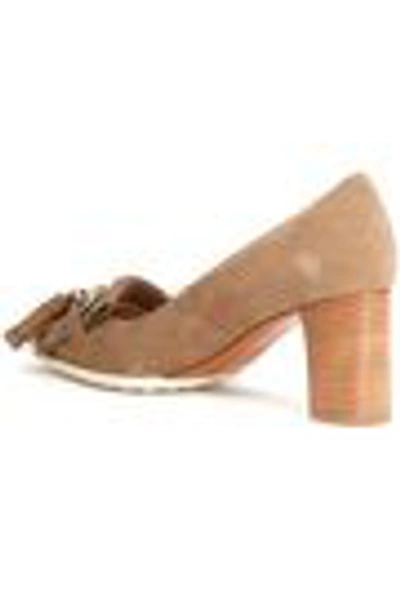 Shop Tod's Embellished Fringed Suede Pumps In Sand