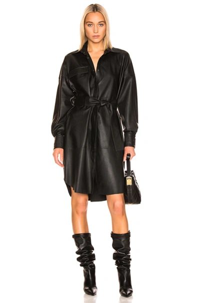 Shop Remain Bologna Leather Long Sleeve Shirt Dress In Black