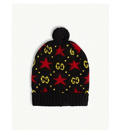 Shop Gucci Star-intarsia Wool Beanie In Black