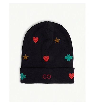 Shop Gucci Embroidered Wool Beanie In Black