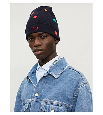 Shop Gucci Embroidered Wool Beanie In Black