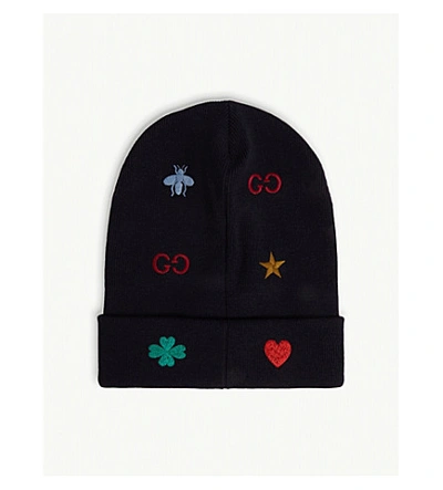 Shop Gucci Embroidered Wool Beanie In Black