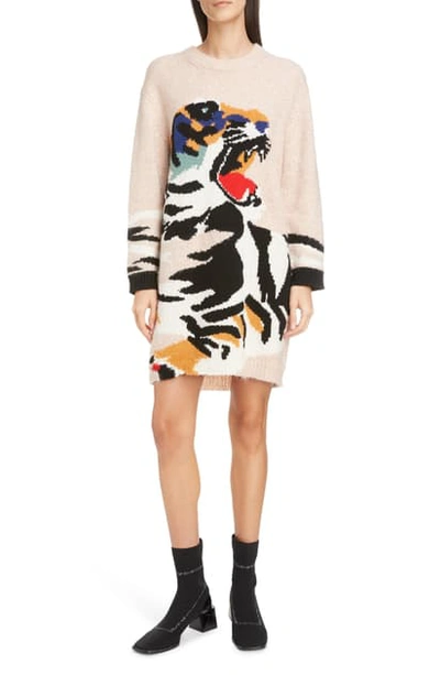 Shop Kenzo Intarsia Tiger Sweater Dress In Pale Camel