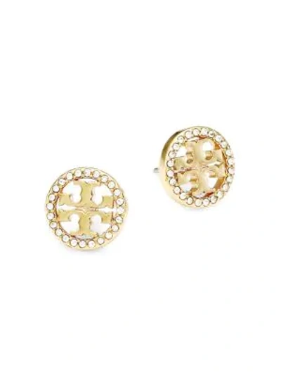 Shop Tory Burch Crystal Logo Goldtone Circle Stud Earrings In Tory Gold
