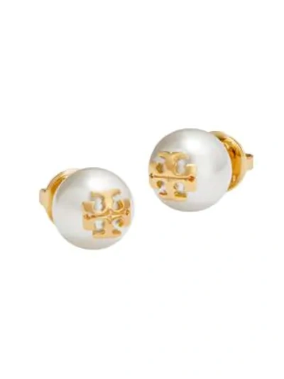 Shop Tory Burch Women's Crystal-pearl Yellow Goldtone Logo Stud Earrings In Ivory