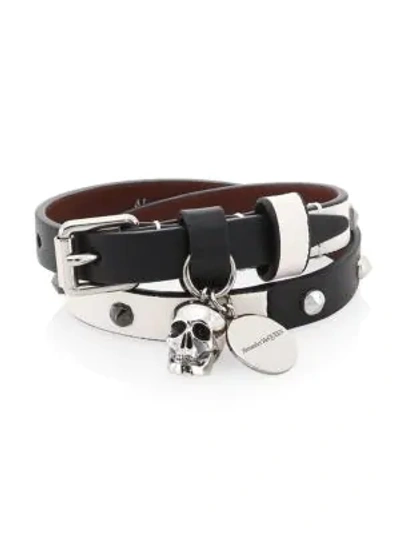 Shop Alexander Mcqueen Studded Leather Double-wrap Charm Bracelet In Black White