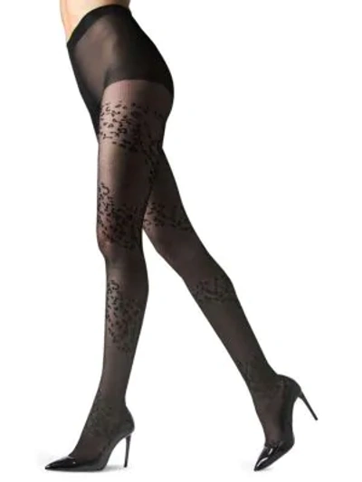 Shop Natori Leopard Mix Semi-sheer Tights In Black