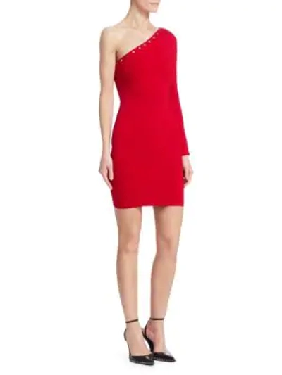Shop Alexander Wang One-shoulder Snap-sleeve Bodycon Dress In Red