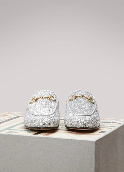 Shop Gucci Glittering Princetown Mules In Argento/argento