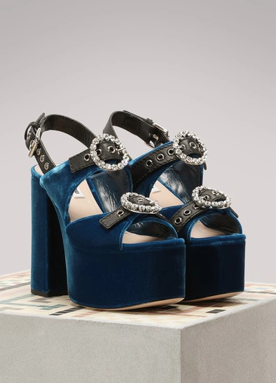 Shop Miu Miu Velvet High Heel Sandals In Cobalto