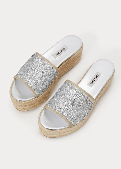 Shop Miu Miu Glitter Wedge Heel Espadrilles In Silver