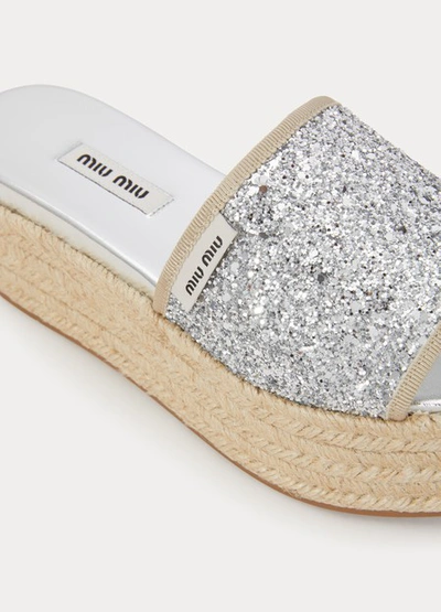 Shop Miu Miu Glitter Wedge Heel Espadrilles In Silver