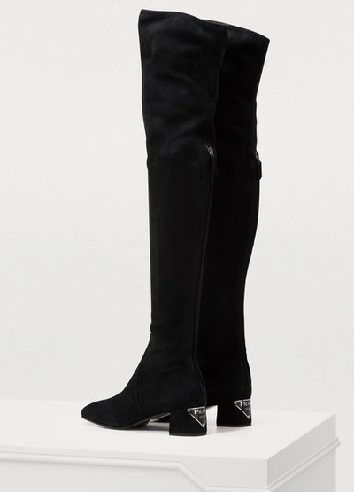 Shop Prada Stretch Thigh-high Boots In Black