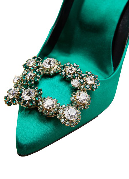 Roger Vivier Flower Crystal-embellished Satin Pumps In Emerald | ModeSens