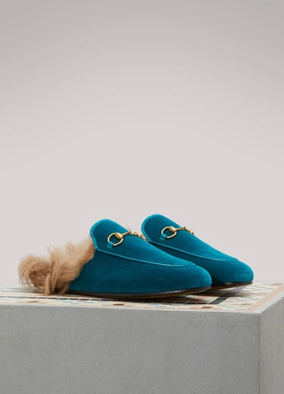 Shop Gucci Princetown Velvet Slipper In Pavone