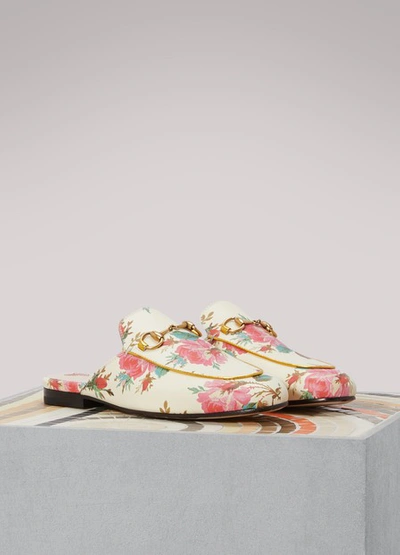 Shop Gucci Princetown Rose Print Leather Slippers In Ivory/multi
