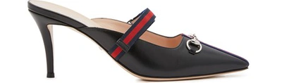 Shop Gucci Webbed Leather Mules In Black