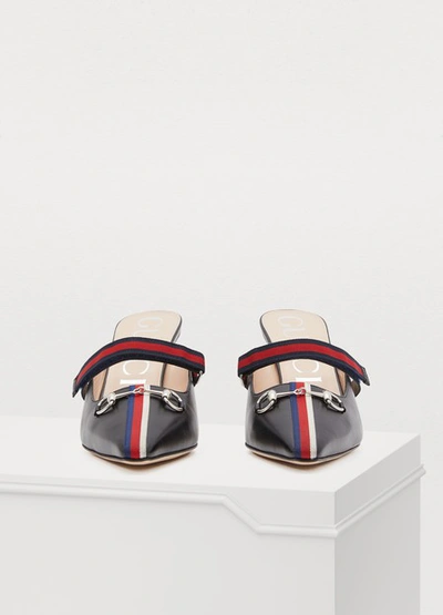 Shop Gucci Webbed Leather Mules In Black