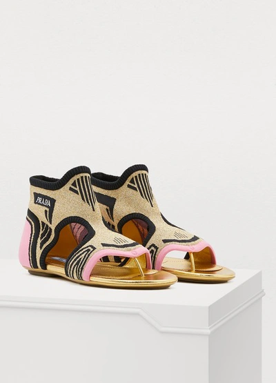 Shop Prada Flat Sandals In Gold/pink/blk