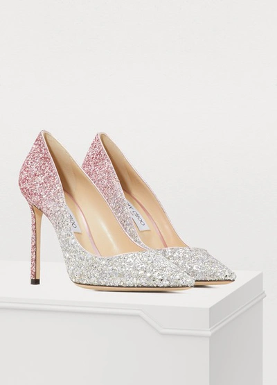 Shop Jimmy Choo Romy 100 Pumps In Platinum/flamingo