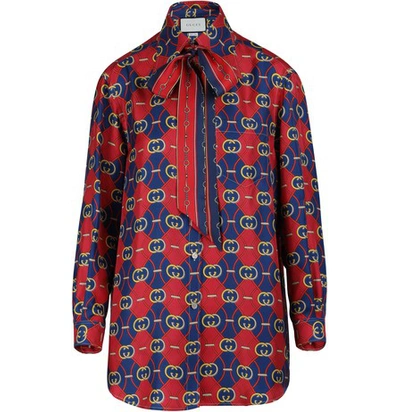 Shop Gucci Gg Waves Silk Shirt In Blue Red