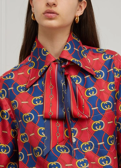 Shop Gucci Gg Waves Silk Shirt In Blue Red