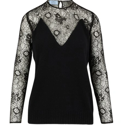 Shop Prada Jumper With Lace Details In Nero