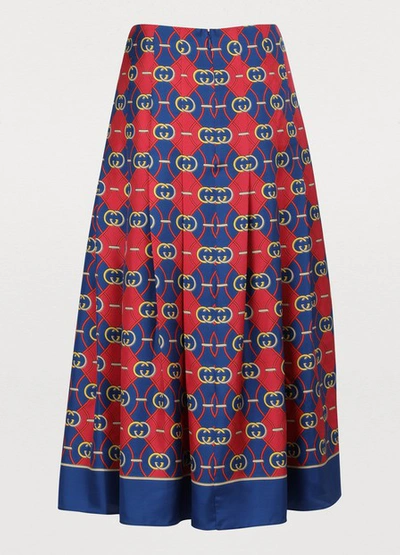 Shop Gucci Gg Waves Pleated Silk Skirt In Blue Red