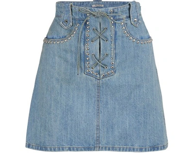 Shop Miu Miu Studded Denim Skirt In Blue Jean