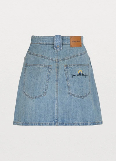 Shop Miu Miu Studded Denim Skirt In Blue Jean