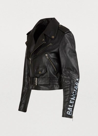 Shop Balenciaga Biker Leather Jacket In Black