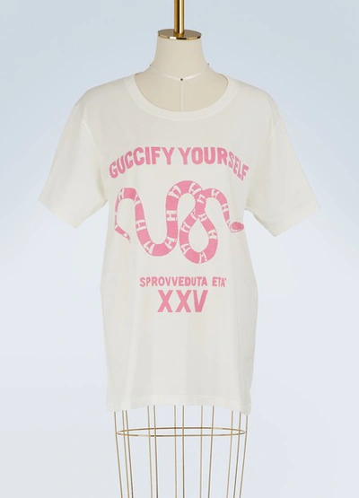 Shop Gucci "fy Yourself" Print T-shirt In Ivory Rose