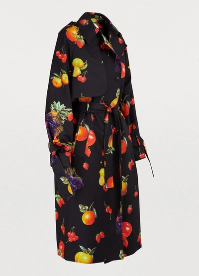 Shop Msgm Fruit Print Trench Coat In Black & Multi